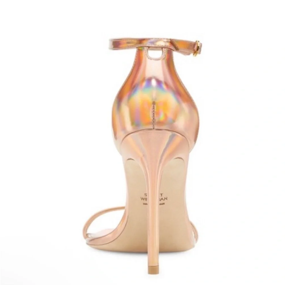 Stuart Weitzman Nudistcurve 100 Ankle Strap Heel Rose Gold Metallic Hologram
